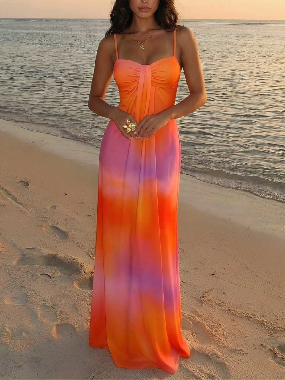 Orange Boho Women's Elegant Tie-Dye Print Slip Dress